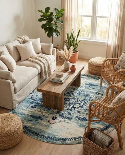 Rugs.com Fleur Collection Rug – 8' Round Blue Medium-Pile Rug Perfect for Kitchens, Dining Rooms - color: Blue 12, size: 8' (Round)