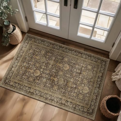 Washable 3x5 Entryway Rug, Boho Non-Slip Vintage Distress Small Rugs for Kitchen Nursery Office Bedroom, 0.3" Neutral Oriental Throw Thin Carpet with Cushioning Pad, Red/Brown/Multi, C4 - color: Deep Brown/Multi, size: 3' x 5' (Rectangular)