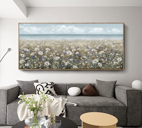 amatop Oversized Framed Canvas Wall Art 6x2.6 ft – Extra Large Farmhouse Art Work Boho Beach Coastal Ocean Nature Daisy Flowers Landscape Picture for Giant Living Room Bedroom Office Decor 71“x31” - color: Coastal Flower Sea Art, size: 71"L x 31"W