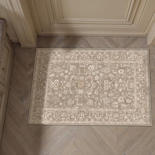 PureCozy 2x3 Deep Brown Entryway Area Rug Machine Washable Door Mat Kitchen Vintage Distressed Non Slip Carpet Indoor Retro Floral Accent Throw Small Rug for Bathroom Office Bedroom Living Dining Room - color: Taupe, size: 2' x 3' (Rectangular)