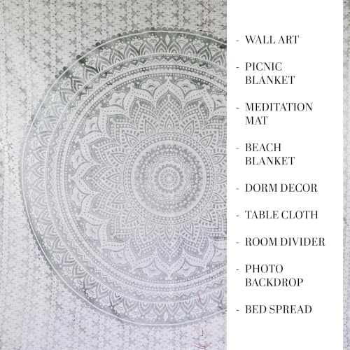FURNISHFUL FINESSE Handmade Cotton Mandala Wall Tapestry - White Silver Ombre Boho Wall Decor, Bohemian Hippie Room Hanging for Bedroom, Dorm & Living Room Aesthetic - 30x40 Inches - color: Silver, size: 40"L x 30"W