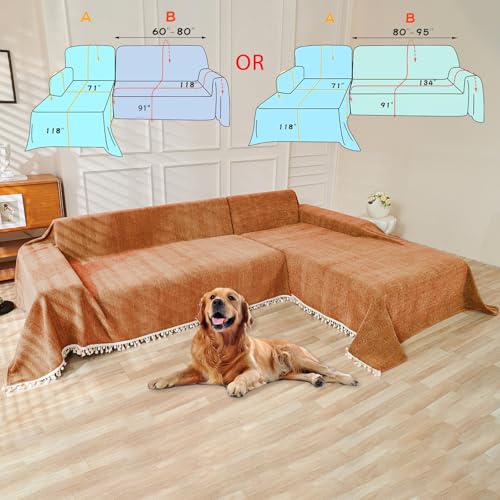 HANDONTIME Dark Orange Sofa Covers Couch Cover for Dogs Colorful Tassel Lovetseat Covers Pet Couch Cover Bohemian Sofa Cover for Couch Vintage Boho Couch Covers Futon Cover Pet-Friendly, 71" X118" - color: Tassel Ball: Orange, size: 71" x 118"