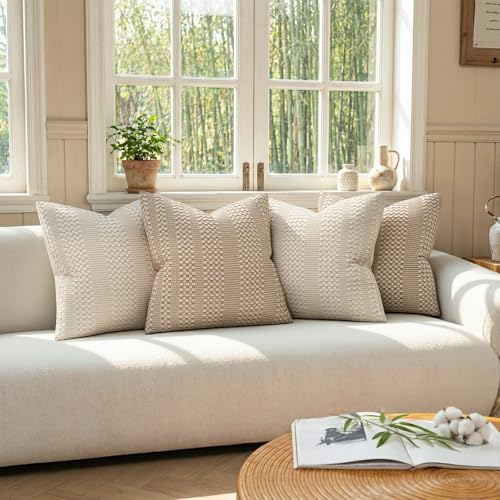 a moment 2 Pack Bamboo Fiber Pillow Covers - Waffle Weave, Ultra Soft & Breathable, Euro Shams Cotton Throw Pillow for Couch, Sofa, Bedroom Living Room 24x24 Inch Beige - color: Beige, size: 24" x 24" (Pack of 2)