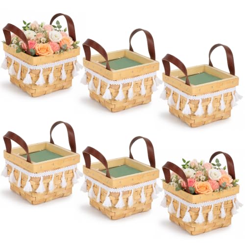 6 Set Woven Flower Basket Planter Boxes with Handles & Removable Floral Foam Flower Boxes for Arrangements Square Rattan Baskets with Waterproof Lining for Centerpiece Home Wedding Decor (Brown) - color: Brown