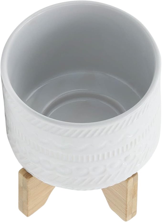 Tribal Look Footed Decorative Planter Pot – Ceramic Stoneware Outdoor and Indoor Plant Pot – Modern Garden and Home Decor Ceramic Planters with Wooden Stand– 8", White