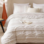 Wellboo Beige Tufted Jacquard Boho Comforter Set Twin Size Cream Khaki Bedding Set Shabby Chic All Season Quilt Women Men Oatmeal Farmhouse Embroidery Blanket Soft Adult Broken Line Wave Geometry Bed - color: 6-white, size: Twin-68"*90"