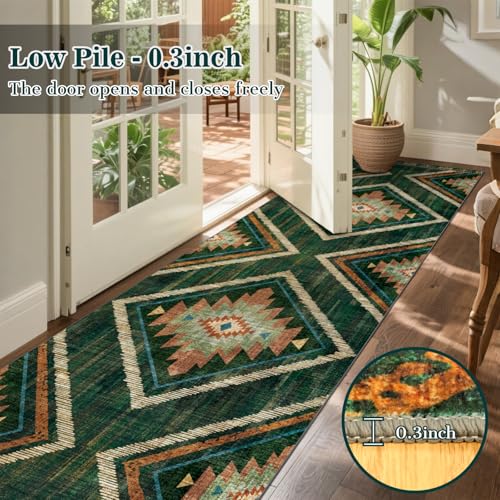 Boho Runner Rugs for Hallway 3x14Ft Non Slip, Long Wide Green Moroccan Washable Kitchen Rug Runner, Soft Geometric Entryway Floor Carpets for Entrance Doorway Home Office Decor - color: Green, size: 3' x 14' (Rectangular)