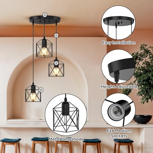 3 Light Pendant Lighting, Farmhouse Hanging Light Fixture for Kitchen Island & Dining Room, Industrial Vintage Ceiling Lamp with E26 Base, Adjustable Height, Matte Black - color: Round Base Metal Pendant - 3-Light (Black)