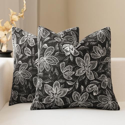 FIOUOVO Floral Throw Pillow Covers 18x18 Set of 2 Farmhouse Pillow Covers Vintage Neutral Accent Pillowcases Decorative Cushion Covers for Sofa Couch Living Room Bedroom Home Decor, Charcoal Black - color: Charcoal Black, size: 18" x 18" (Pack of 2)