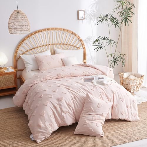 Boho Tufted Comforter Set King Size Pink Heart Tufted Textured Bedding Set 3 Pieces Farmhouse Shabby Chic Embroidery Bed Set Soft Jacquard Comforter for All Season with 2 Pillowcases - color: Pink Heart, size: King (104"x90")