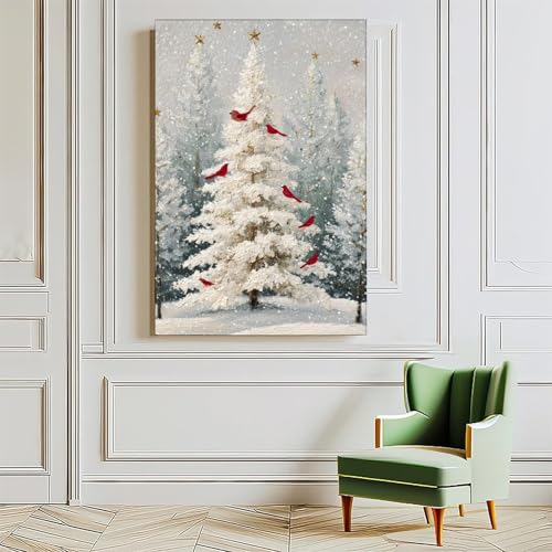 JDBeehpy Snowy Christmas Tree Wall Art Red Birds Frame Canvas Print Poster Peaceful Winter Home Decor Painting Livingroom Fireplace Mural 12x18inch(30x45cm) - color: Christmas Tree Frame, size: 18L" x 12W"