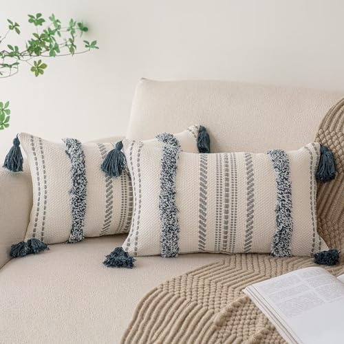 Boho Throw Pillow Covers 12x20 Set of 2 Woven Tufted Farmhouse Pillows Cover with Tassels Textured Striped Cushion Case Lumbar Pillow Cases Decorative Pillowcase for Sofa, Couch, Bed, Dark Blue - color: Dark Blue, size: 20" x 12" (Pack of 2)