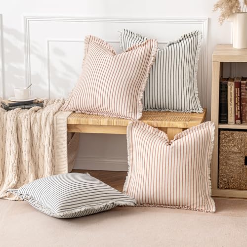 MIULEE Pack of 2 Rust Pillow Covers 18x18 Inch Striped Farmhouse Couch Throw Pillow Covers with Fringe Chic Linen Decorative Cushion Covers for Sofa Living Room Bed Outdoor Home Decor - color: Rust, size: 18" x 18" (Pack of 2)