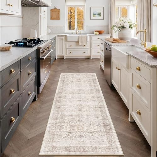 2x6 Beige Vintage Washable Runner Rugs for Hallway Kitchen Boho Hallway Rug Low Pile Non-Slip Retro Distressed Accent Throw Carpet for Entryway Bathroom Bedroom Neutral Beige - color: Neutral Beige, size: 2'*6'(Runner)