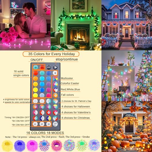 Pooqla 2 Pack Color Changing String Lights Battery Operated, Total 66.6ft 200 LED 34 Colors Battery Christmas Lights with Remote Indoor Outdoor Decorations Bedroom Classroom Porch Party Yard Decor - color: RGB (Red, Green, Blue), size: 100 LED x2