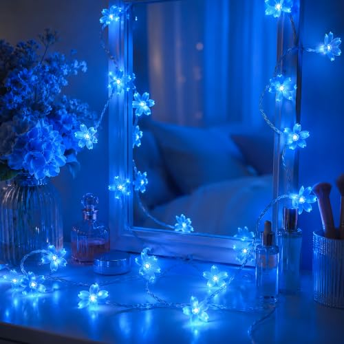 Plug in Blue Flower String Lights, 33ft 100 LED Cherry Blossom Fairy Lights | 8 Modes Ip44 Waterproof Connectable Extendable Floral Lamp For Valentine'S Day, Wedding Party Indoor Outdoor Decor - color: Blue