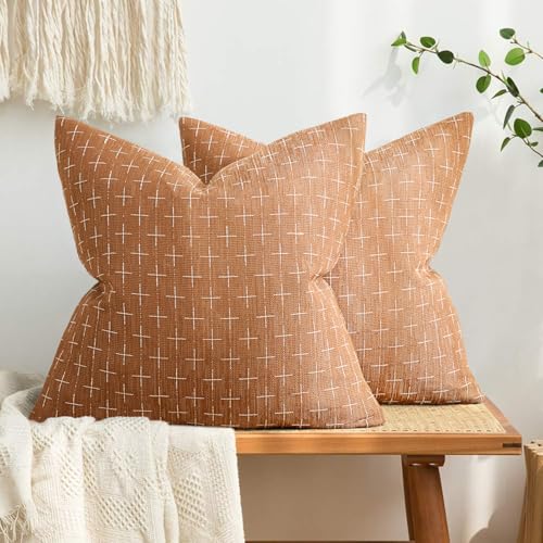 MIULEE Pack of 2 Decorative Burlap Linen Throw Pillow Covers Farmhouse Pillowcases Modern Rustic Woven Textured Cushion Cover for Sofa Couch Bed 18x18 Inch Brick - color: Brick, size: 18" x 18" (Pack of 2)
