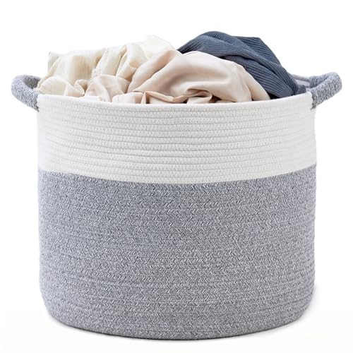 Blanket Basket (16" Dx14 H) - Round Woven Rope Storage for Living Room Throws, Pillows & Laundry- White/Mixed Gray - color: White/Mixed Gray, size: 16" X 16" X 14"