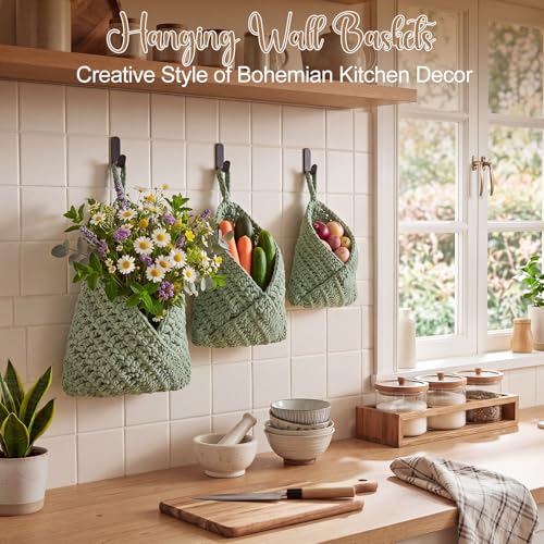 Honeydak Boho Decor Hanging Wall Baskets for Kitchen 3 Pack Teardrop Baskets with Hooks Storage Fruit Onion Vegetable Potato for Home 3 Sizes(Sage Green,Triangle,Cotton Rope) - color: Sage Green, size: Cotton Rope, style: Triangle