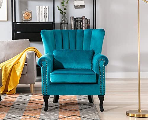 Kmax Teal Blue Accent Chair Velvet Wingback Chair with Pillow Nail-Head Channel Tufted Oversized Club Chair for Living Room Bedroom Guest Room - color: Teal Blue
