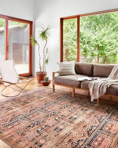 Loloi Layla Collection LAY-14 Mocha/Blush 2'-3" x 3'-9" .13" Thick Accent Rug, Soft, Durable, Vintage Inspired, Distressed, Low Pile, Non-Shedding, Easy Clean, Printed, Living Room Rug - color: Mocha / Blush, size: 2'3" x 3'9" (Rectangular)
