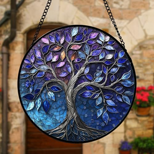 DASTOLL Stained Glass Window Hanging, Blue Purple Tree of Life Sun Catchers Colorful Glass Panel Plants Suncatcher Decor for Birthday for Women,Men,Wife, Lovers, and Mom 6.3 in - color: Blue Purple, size: 6.3x6.3 IN