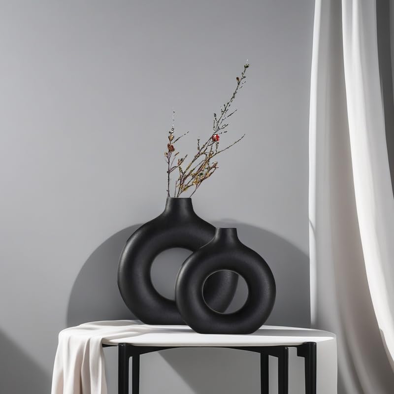 Modern Donut-Shaped Decorative Vases, Handmade Minimalist Boho ins Style, Modern Vase for Home Decor for Wedding Dinner Table Party Living Room Office Bedroom (Black, Large + Small) - color: Black, size: Large + Small