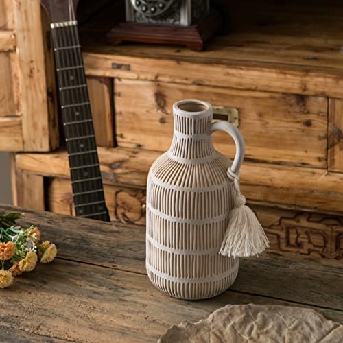 Mowtanco Farmhouse Vase with Handle and Tassel, Grey Yellow Vertical Stripes Design Clay Vase 10'' Tall - Ceramic Flower Vase for Rustic Home Decor, for Fireplace Kitchen Living Room Centerpieces - color: Gray - Long