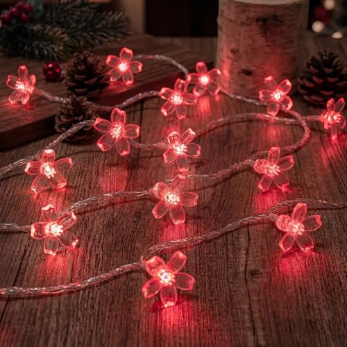Flower Battery Operated Indoor String Lights 30LED Cherry Blossom Fairy String Lights Waterproof Outdoor for Garden Fence Party Camping Birthday Wedding Room Home Decoration Red - color: Red
