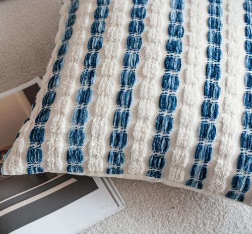 Caflife Boho Lumbar Throw Pillow Covers 12x20 Inch Set of 2, Farmhouse Blue Striped Textured Chenille Decorative Couch Pillow Cases, Rustic Accent Cushion Covers for Sofa Bed Living Room Bedroom - color: Blue, size: 20" x 12" (Pack of 2)