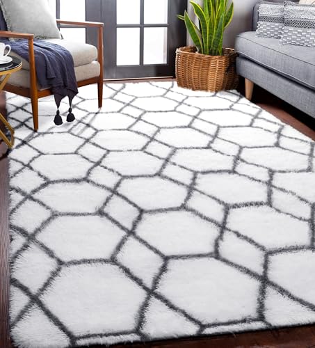 ONASAR Area Rugs for Bedroom Living Room, Fluffy 4x6 White and Grey Throw Rug, Shaggy Geometric Indoor Floor Shag Carpet for Home Decor Aesthetic, Soft Plush Fuzzy Mat for Nursery Kids Teen Dorm - color: 8- White / Grey, size: 4' x 6' (Rectangular)