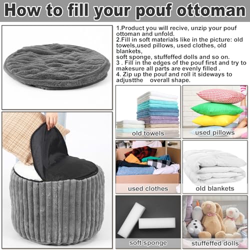 Teenyyou 2 Pcs 20 x 15 Inch Unstuffed Pouf Cover Ottoman Foot Rest - No Filler, Faux Rabbit Fur Foot Stool Floor Bean Bag Floor Chair Storage for Living Room Bedroom Home Decor(Gray) - color: Grey, size: 20 x 15 In