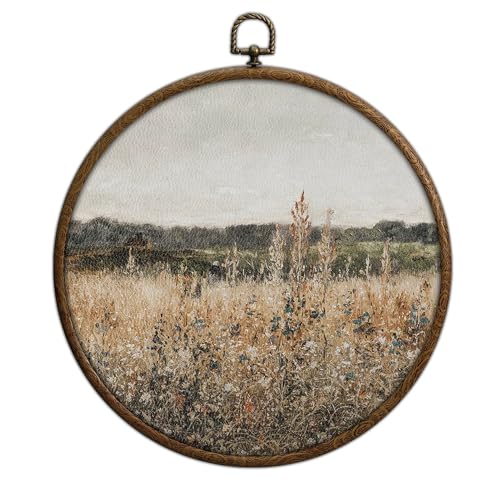 QKX Round Wall Decoration, Vintage Floral Field Landscape Wall Art, Printed Canvas Wall Hanging for Bedroom Kitchen Home Office, Living Room Wall Art, Dorm Decor, Circular Wall Hanging with Hooks,21 - color: Vintage20