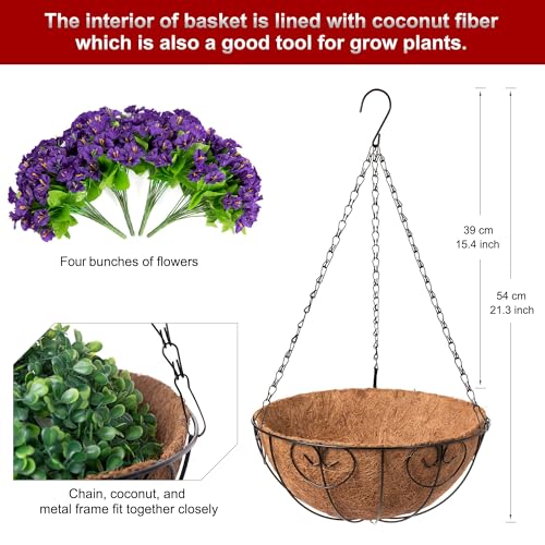 Ammyoo Artificial Hanging Flower Plants with Basket for Spring Summer Outdoor Decoration, Faux Petunias Flowers Fake Morning Glories Planter for Outside Patio Garden Porch Balcony Yard Decor(Purple) - color: Purple
