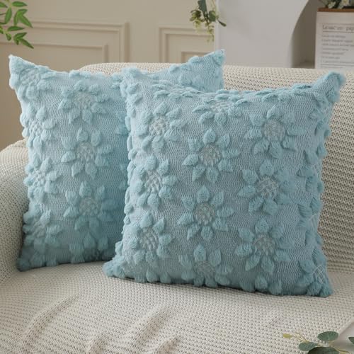 DFXSZ Spring Summer Pillow Covers 18x18 inch Set of 2 Farmhouse Decor White Flower Heart Sunflower Blue Soft Plush Faux Fur Jacquard Throw Pillows for Sofa Holiday Spring Home Decor PTK024G18 - color: Blue, size: 18" x 18" (Pack of 2)