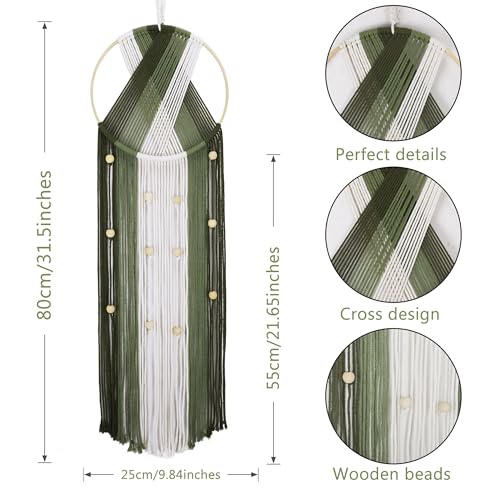 LB Green Macrame Wall Hanging, Handmade Woven Tapestry Wall Hanging Decor Boho Dream Catchers Bohemian Macrame Wall Art for Living Room Apartment Office Backdrop,9.84" W x 31.5" L - color: Green Beige