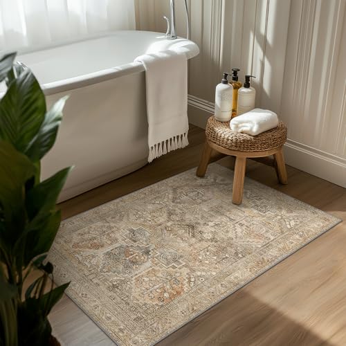 Bavni 2x3 Entryway Rug Bathroom Rugs for Front Door Bedroom Bathroom Kitchen, Washable Vintage Print Carpet, Ultra-Thin Chenille Lightweight Rug with Non Slip Backing, Wood - color: Apricot/Wood, size: 2' x 3' (Rectangular)