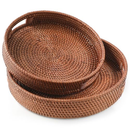 HITOMEN Hand-Woven Round Rattan Serving Tray Decorative Ottoman Wicker Platter with Handles for Coffee Table, Breakfast, Drinks, Snack, Bread, Fruit, Vegetables (Brown Set of 2: M+L) - color: Brown, size: Medium (11.8 inches)/Large (14.2 inches)