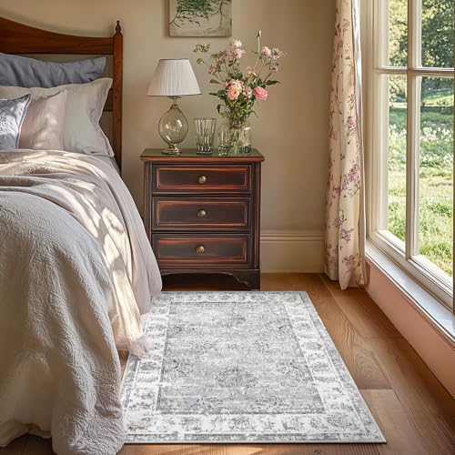 jinchan Fiora Floral Area Rug 3x5, Distressed Vintage Floral Washable Rug with Low-Pile Surface and Non-Slip Backing, for Bedroom Nursery Reading Corner Home Office and Small Living Spaces, Grey - color: Distressed Grey, size: 3' x 5' (Light Weight)