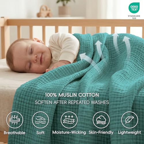 David's Home 100% Cotton Muslin Throw Blanket for College Dorm, 4-Layer Soft Breathable Lightweight Comfy Cozy Throw Guaze for Hot Sleepers, 3D Bubble Room Decor for Bed, Giftable, Teal, 50"x70" - color: Teal, size: Throw XL(50x70")