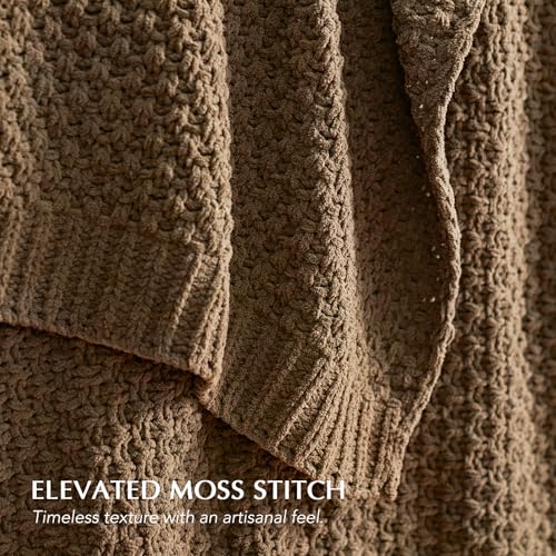 EVERGRACEHOME Chunky Chenille Knit Throw Blanket for Couch, Soft Luxurious Moss Stitch Blankets for Bed, Cozy Decorative Farmhouse Knitted Throws for Sofa, Camel Brown, 60" x 80" - color: Camel Brown, size: 60" X 80"