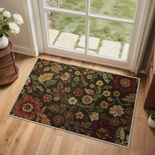 GENIMO 2X3 Washable Doormat, Vintage Floral Print Non-Slip Low Pile Chenille Area Rug, Small Entry Mat for Entrance Hallway Kitchen Bathroom, Floral Brown - color: Vintage Sepia, size: 2' x 3' (Rectangular)