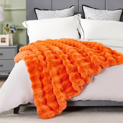 JONIYEAR Solid Fall Oversized Fuzzy Bubble Faux Rabbit Fur Throw Blanket for Bed 60" x 70", Decorative Puffy Warm Fuzzy Blanket for Winter, Thick Shaggy Cozy Furry Blankets for Adult,Twin Size, Orange - color: Orange - 900gsm, size: Twin Size - 60" x 70"