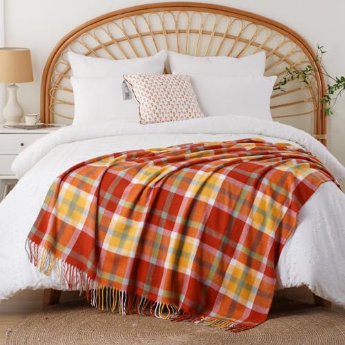 BATTILO HOME Fall Blanket Throw for Couch, Orange Plaid Throw Blankts, Burnt Orange Throw Blankets Farmhouse Style, Super Soft Decorative Multicolor Throw for Fall Decoration 50"x60" - color: Orange Red