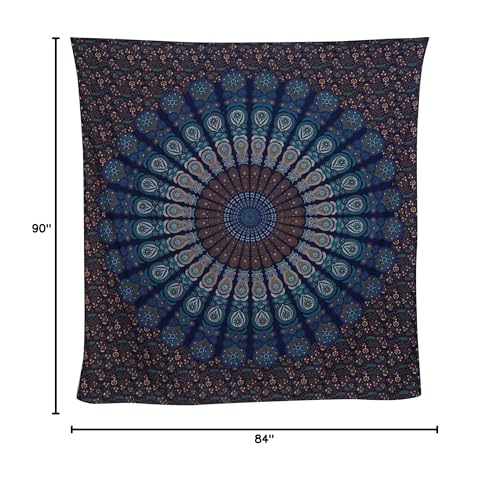 Bless International Handmade Indian hippie Bohemian Psychedelic Peacock Mandala Wall hanging College Dorm Beach Throws Table Cloth Bedding Tapestry (Blue Green, Queen(84x90Inches)(215x230Cms)) - color: Blue Green, size: 90"L x 84"W