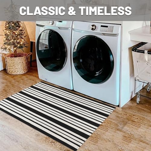 IOHOUZE Black and White Striped Rug 2'x3' Front Door Rugs, Small Washable Area Rug for Front Porch, Spring Summer Doormats Outdoor Indoor, Cotton Rugs for Entryway Porch Entrance - color: Black and White Stripe, size: 2' x 3' (Rectangular)