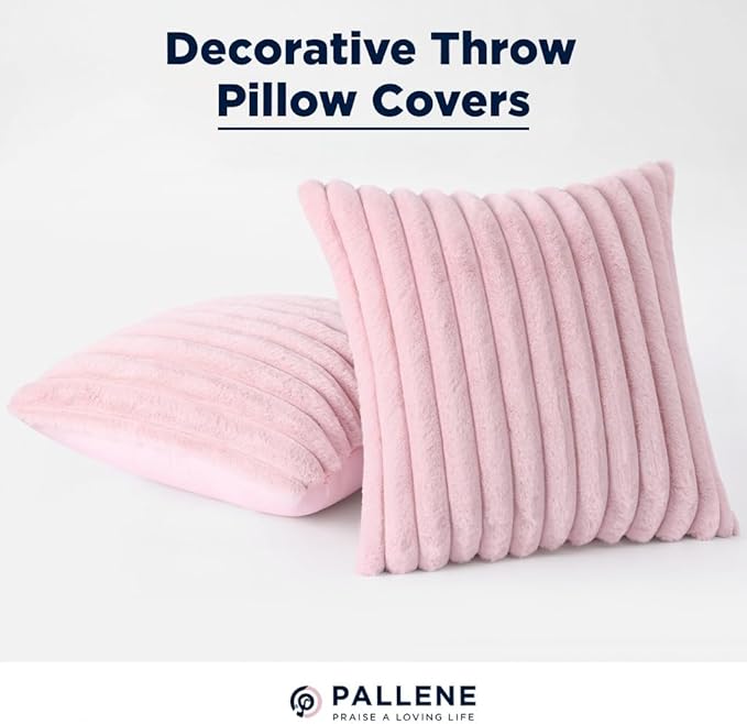 Pallene Faux Fur Plush Throw Pillow Covers 24x24 Set of 2, Luxury Soft Fluffy Striped Decorative Pillow Covers for Sofa, Couch, Living Room, Blush Pink