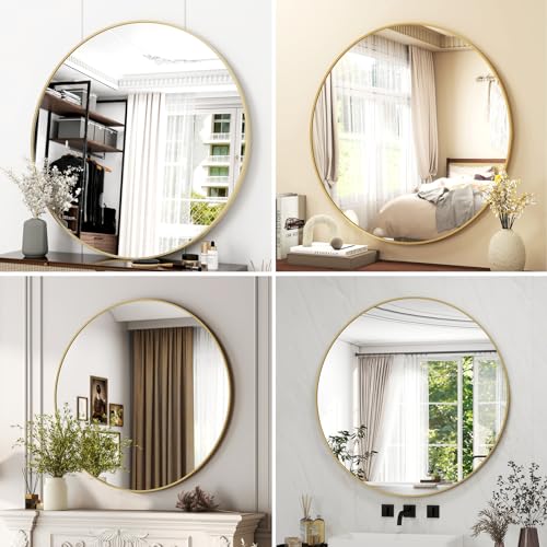 42 Inch Round Bathroom Mirror - Gold Wall Mounted Circle Mirror with Metal Frame, Modern Round Hanging Mirror Suitable for Bathroom, Vanity, Entryway, Living Room - color: Gold, size: 42"L x 42"W