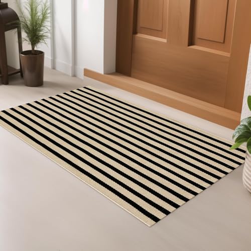LEEVAN Outdoor Door Mat 2'x3' Washable Welcome Mat Woven Black and White Entryway Rug Farmhouse Front Porch Decor Outside Entrance Striped Outdoor Floor Mats - color: Black and Tan, size: 2' x 3' (Rectangular)