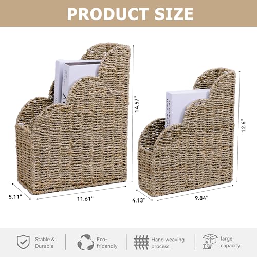 BROWNLILY Scalloped Magazine Holder Set of 2 - Natural Handwoven Seagrass Book Baskets for Bedroom, Bathroom, Living Room, Home, Office - Home Organization and Storage